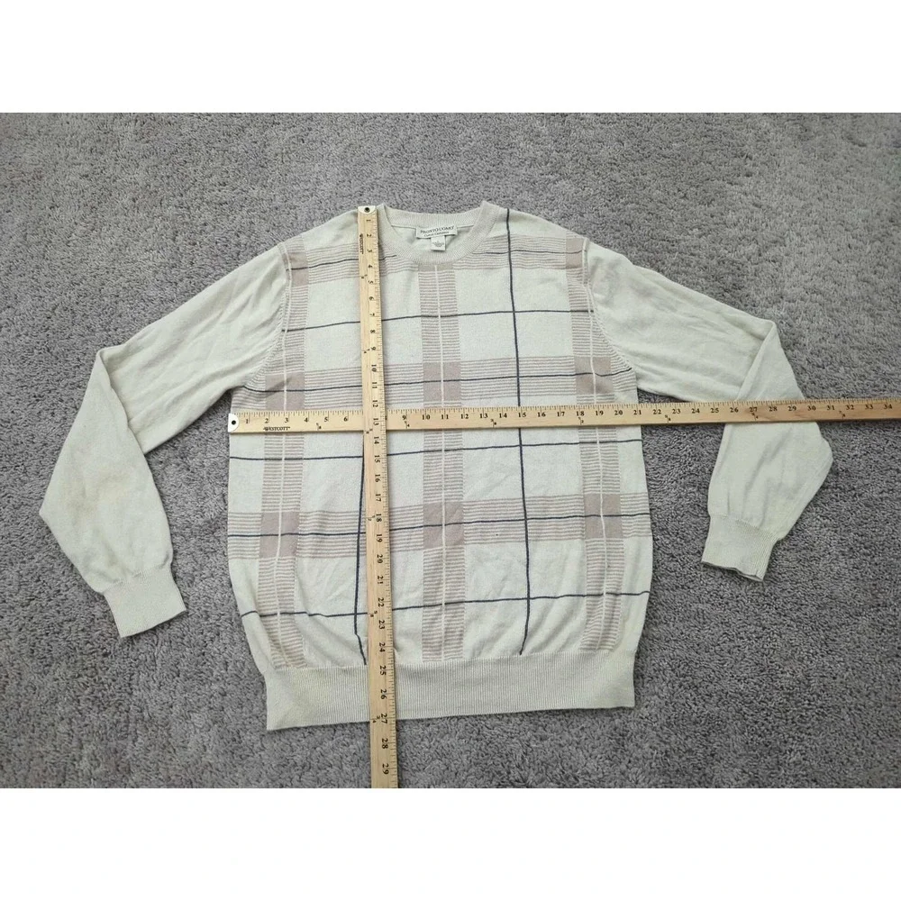 Pronto Uomo Sweater‎ Mens Large Beige Plaid Cotton 5% Cashmere Crewneck Pullover